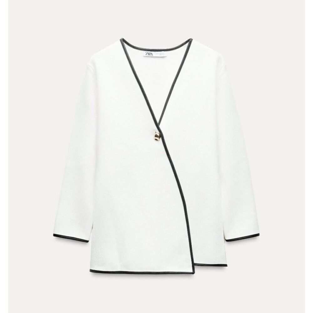 Zara Women Blazer Jacket Size S White Crossover Contrast black Trim 4192/105 NWT - Picture 3 of 12